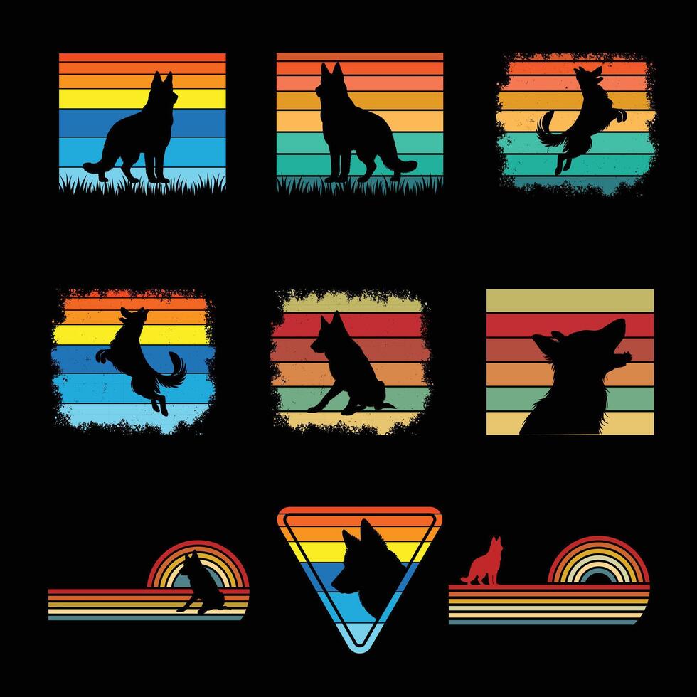 Retro German Shepherd Dog Silhouette Illustration Bundle vector