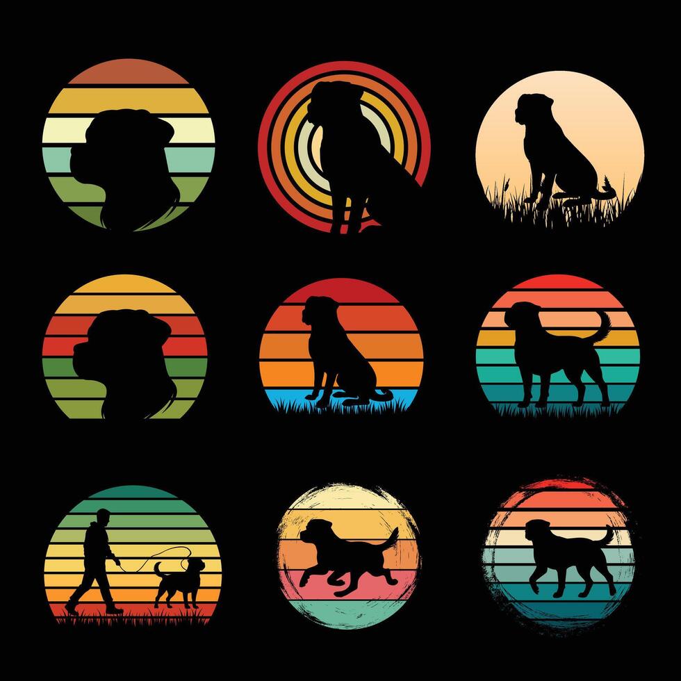 Vintage Sunset Retro Style With Rottweiler Silhouette Bundle vector