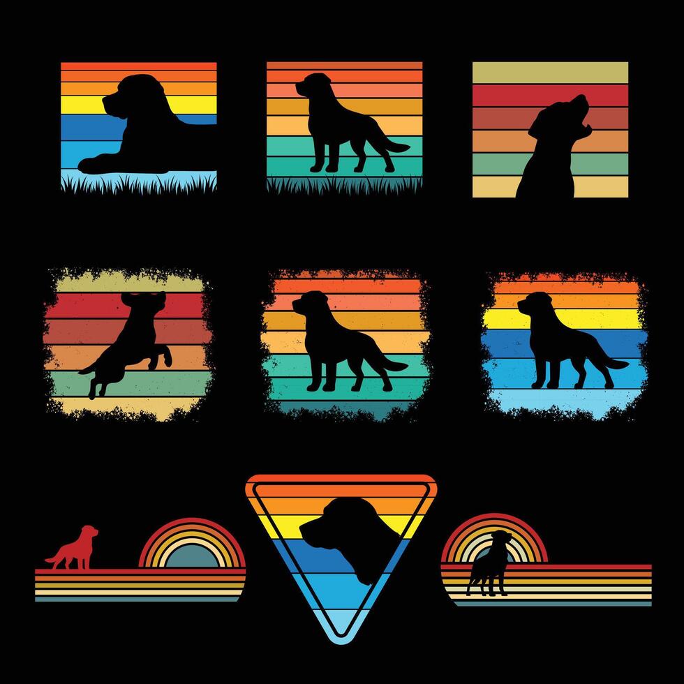 Labrador Retriever Silhouette in a Retro Sunset Design Bundle vector