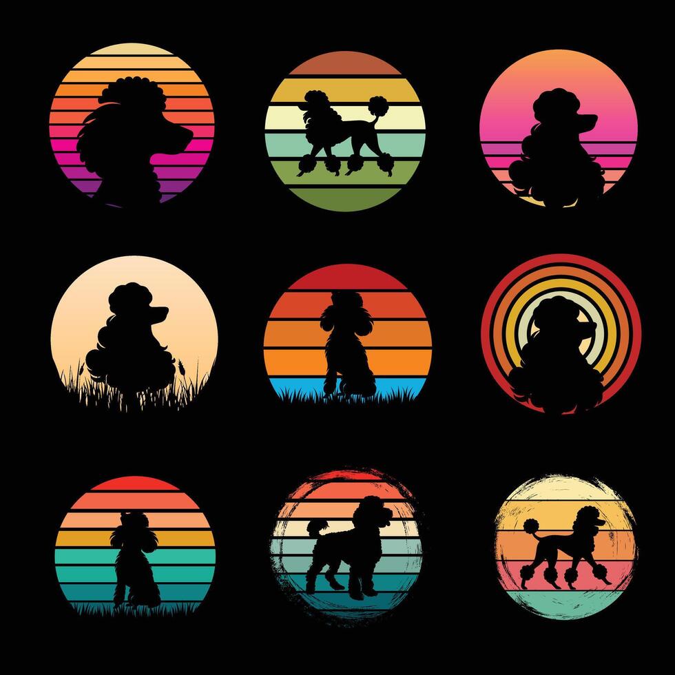 Retro Style Poodle Dog Silhouette with Sunset Background Bundle vector