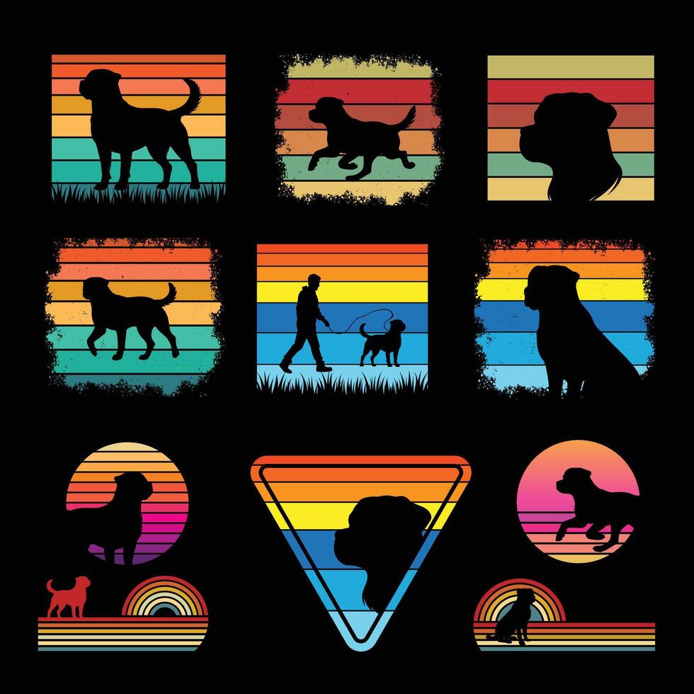 Sunset Retro Artwork Featuring Rottweiler Dog Silhouette Bundle vector