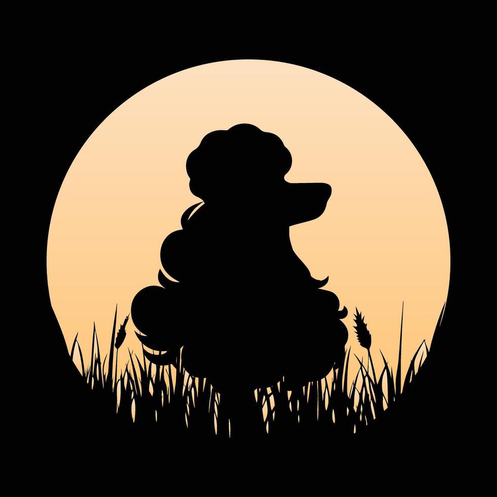 Poodle Dog Silhouette with Sunset Retro Illustration vector