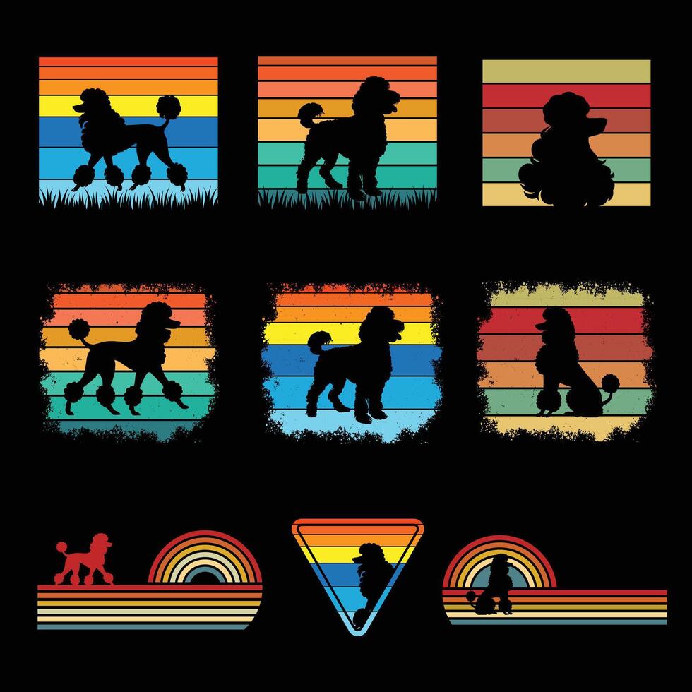 Sunset Retro Illustration with Poodle Dog Silhouette Design Bundle vector