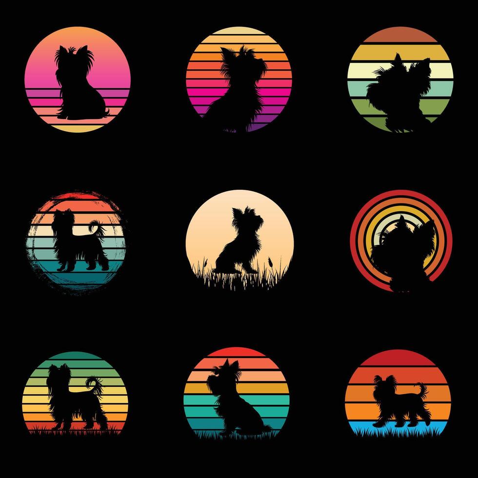 Retro Sunset Featuring a Yorkshire Terrier in Silhouette Bundle vector