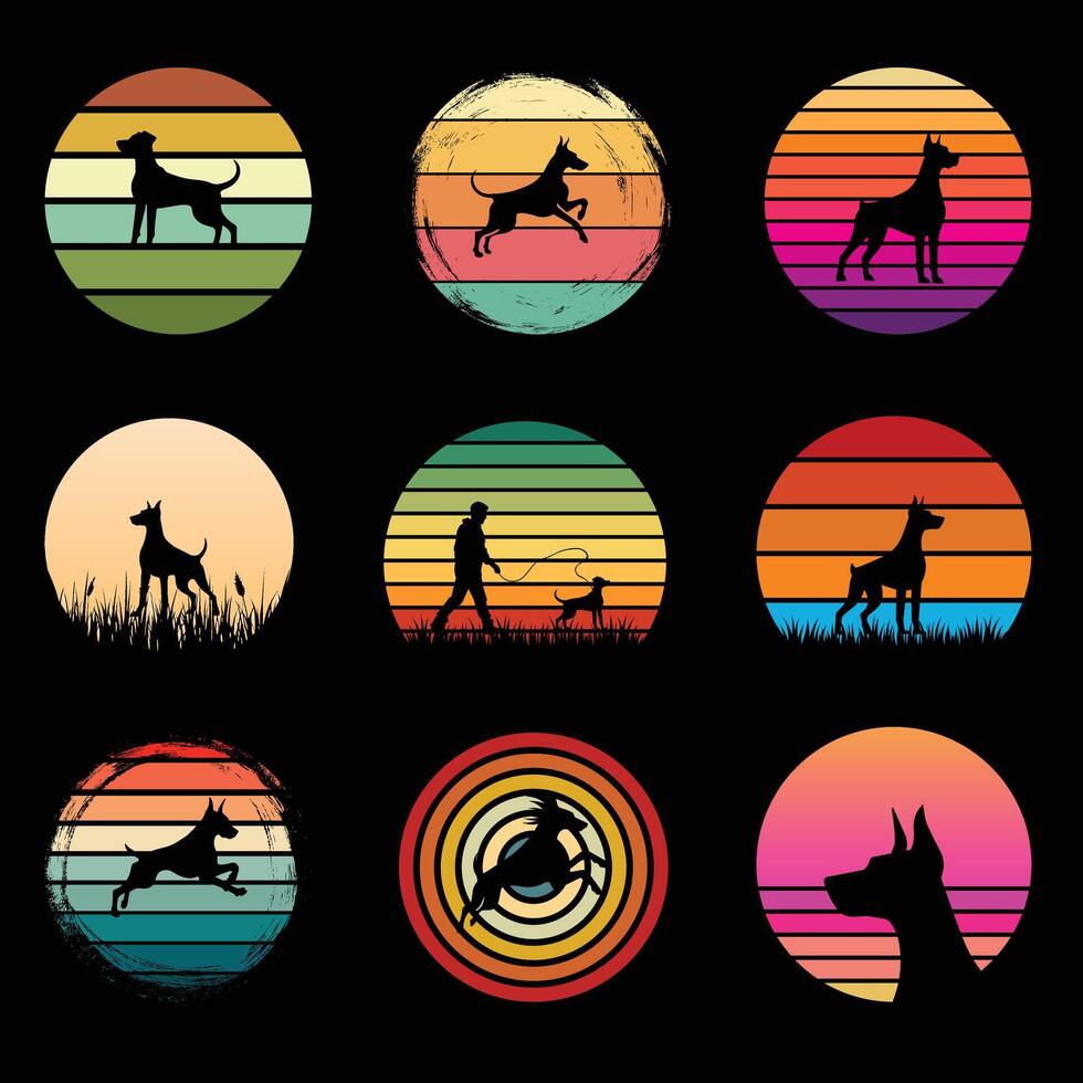 Retro Sunset Design with Dobermann Dog Silhouette Bundle vector