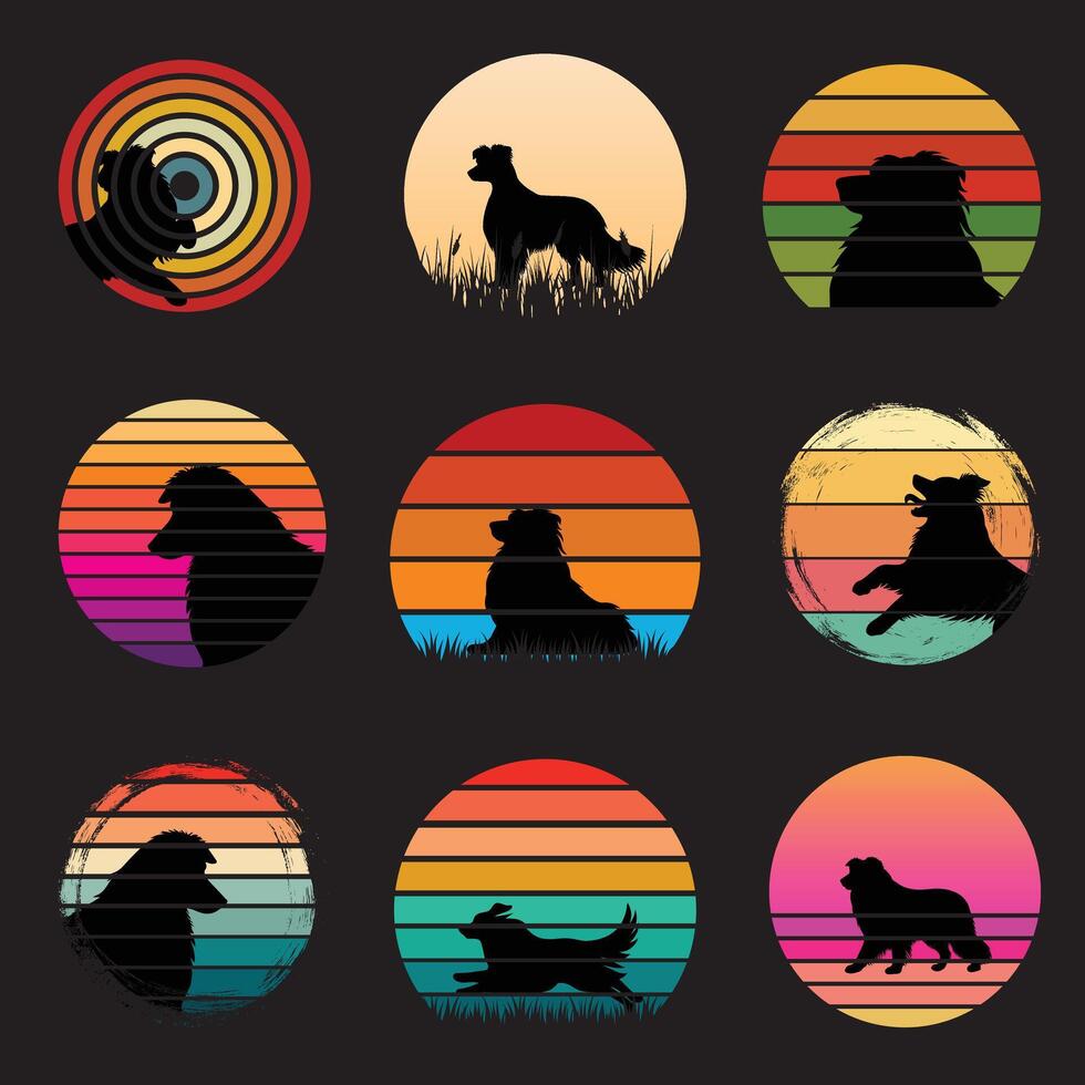 Retro Sunset Australian Shepherd Dog Silhouette Design Bundle vector