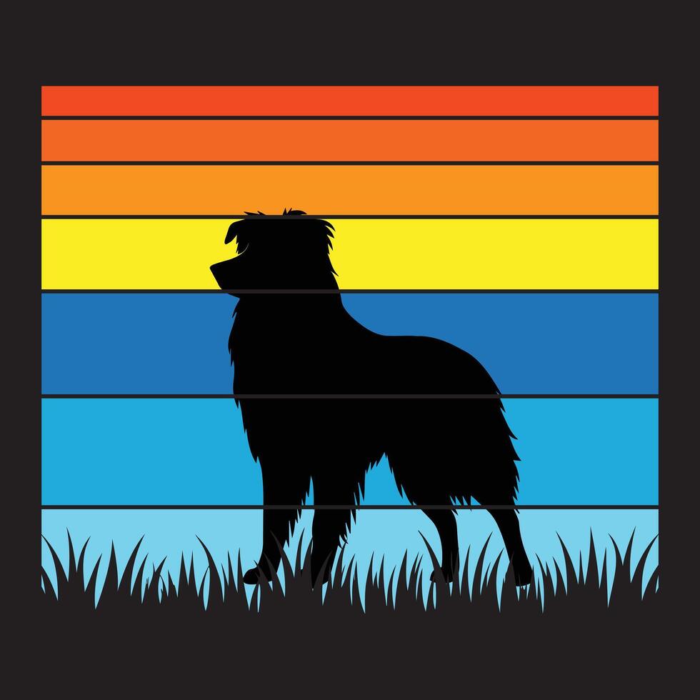 Vintage Sunset Background with Australian Shepherd Silhouette vector
