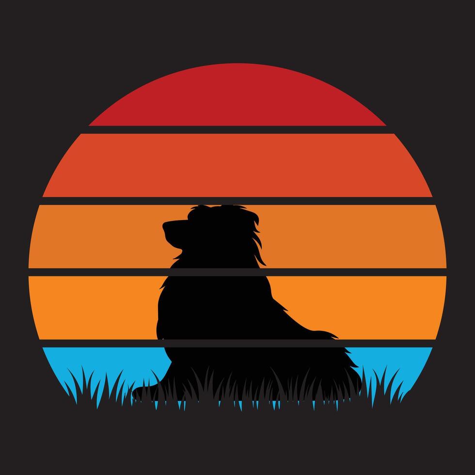 Retro Sunset Australian Shepherd Dog Silhouette Artwork vector
