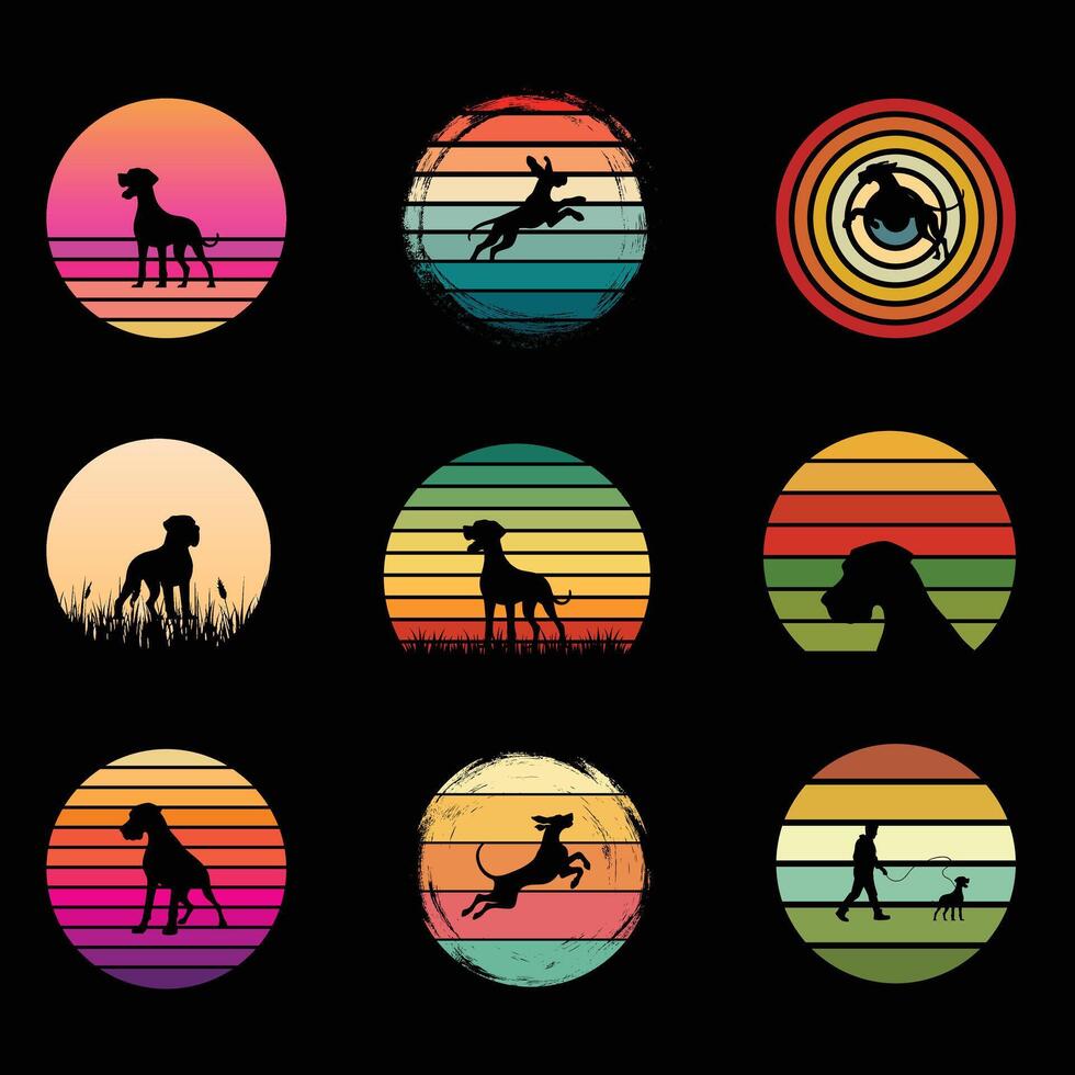 Retro Sunset Illustration with Great Dane Silhouette Bundle vector