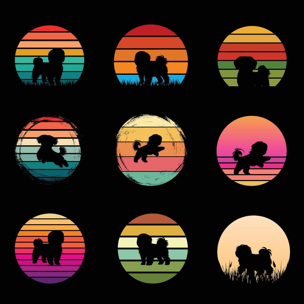 Vintage Shih Tzu Silhouette with Retro Sunset Bundle vector