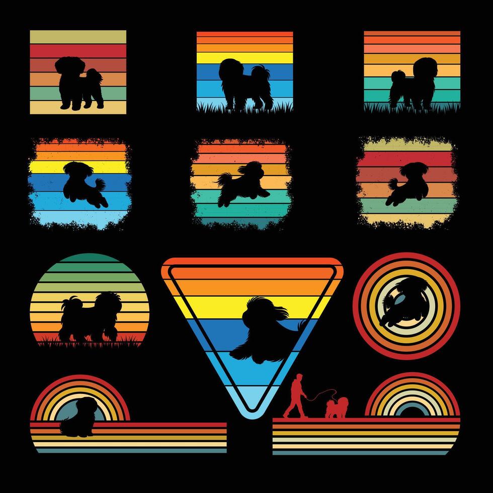 Shih Tzu Silhouette with Retro Sunset Illustration Bundle vector