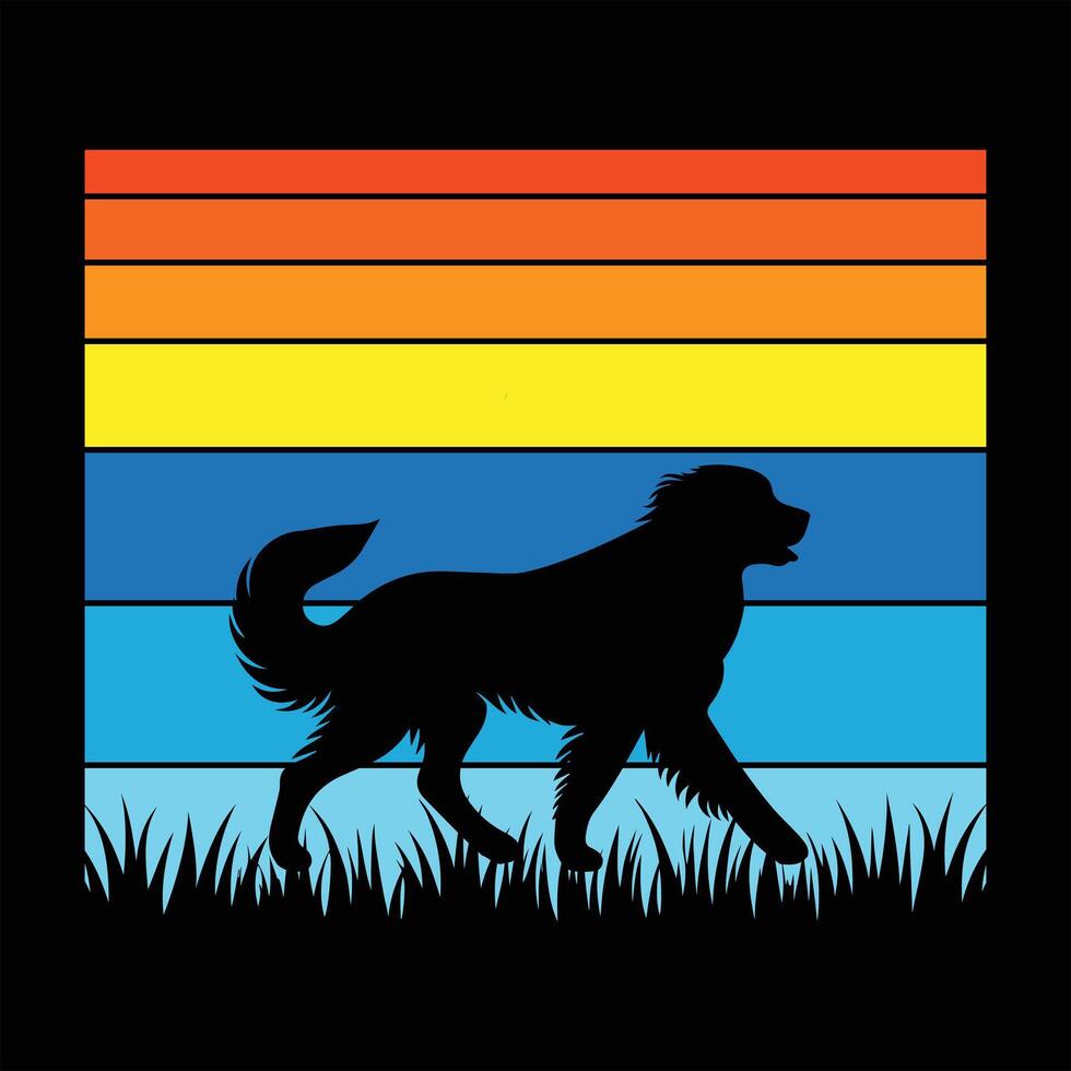 Retro Sunset Background with Bernese Mountain Dog Silhouette vector
