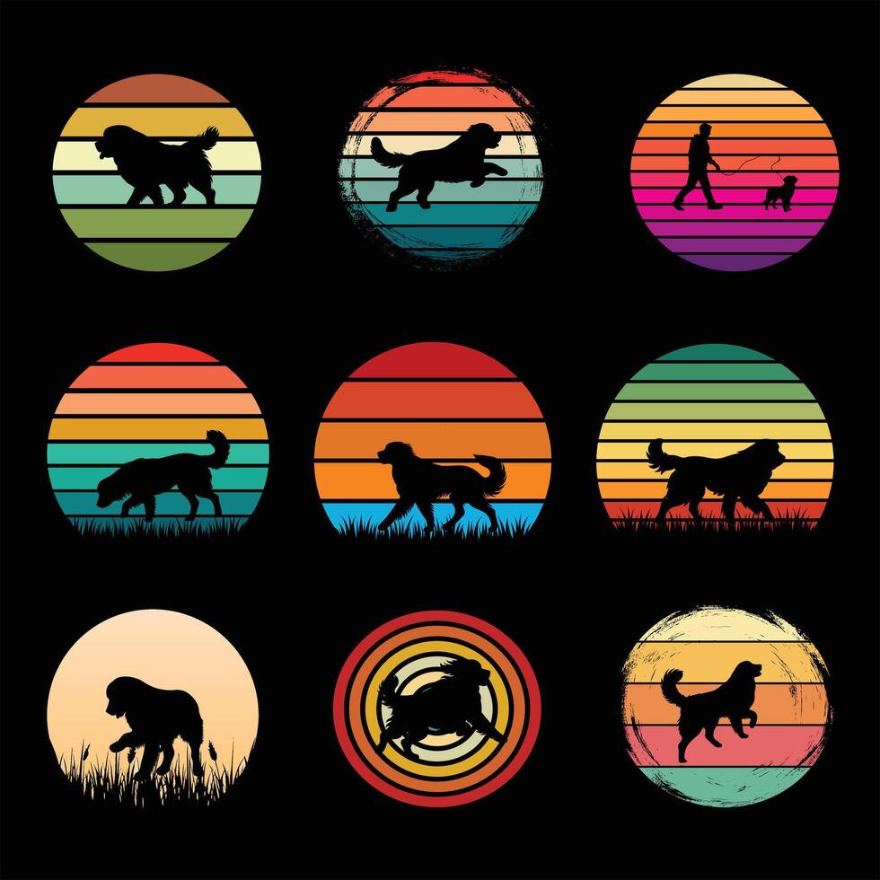 Sunset Retro Illustration with Bernese Mountain Dog Silhouette Bundle vector