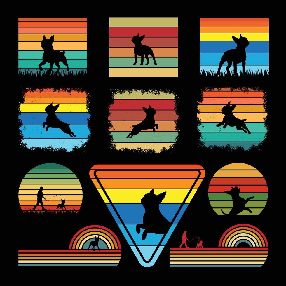 Dog Silhouette of Boston Terrier with Retro Sunset Design Bundle vector