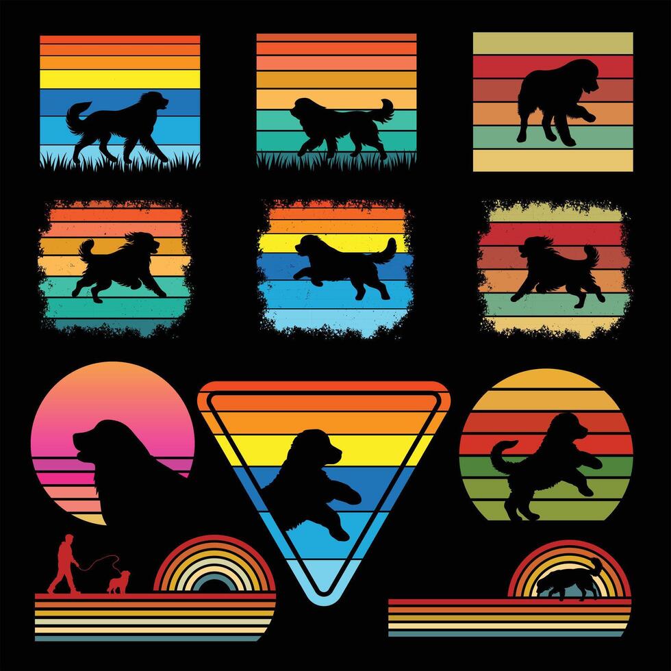 Retro Sunset Design Featuring Bernese Mountain Dog Silhouette Bundle vector