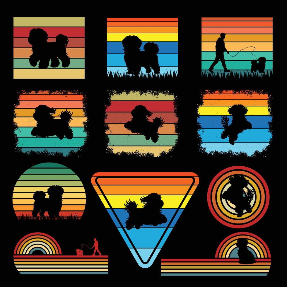 Havanese Dog Silhouette with Retro Sunset Illustration Bundle vector