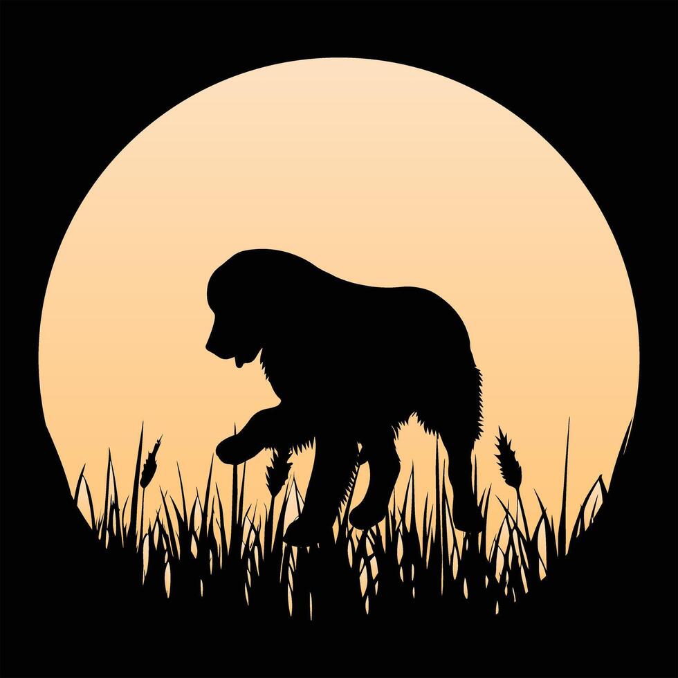 Retro Sunset with Bernese Mountain Dog Silhouette Design vector
