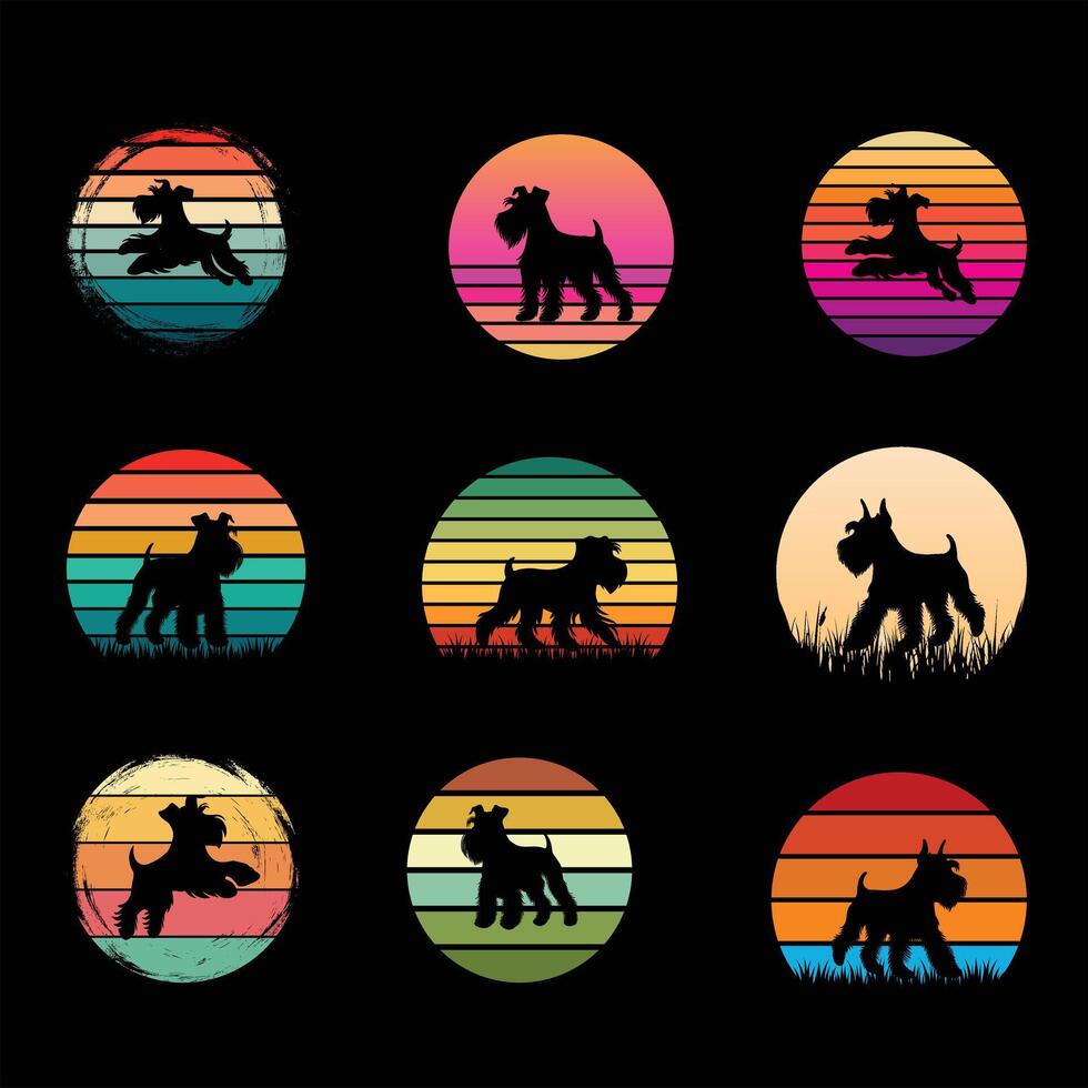Retro Miniature Schnauzer Sunset Illustration Design Bundle vector