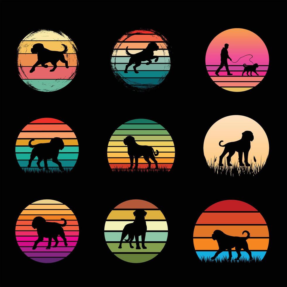 Sunset Retro Background Mastiff Dog Silhouette Bundle vector