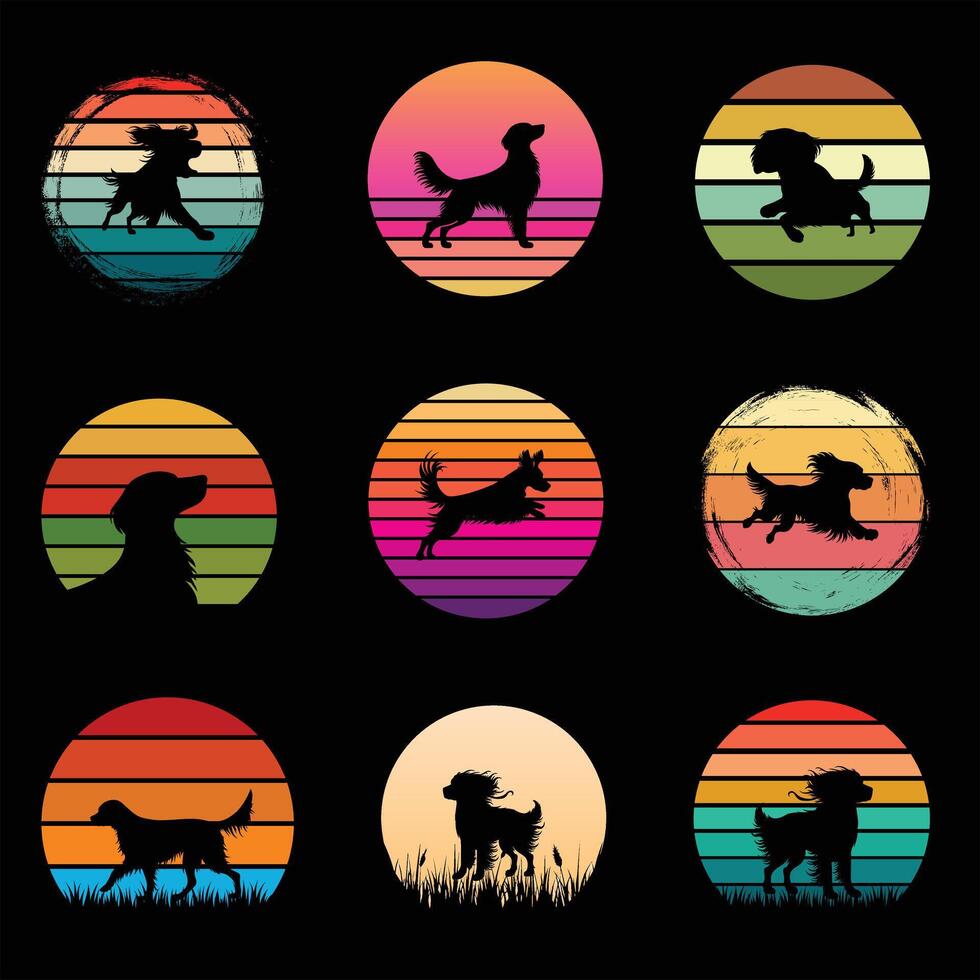 Retro Sunset Background with Brittany Spaniel Dog Design Bundle vector