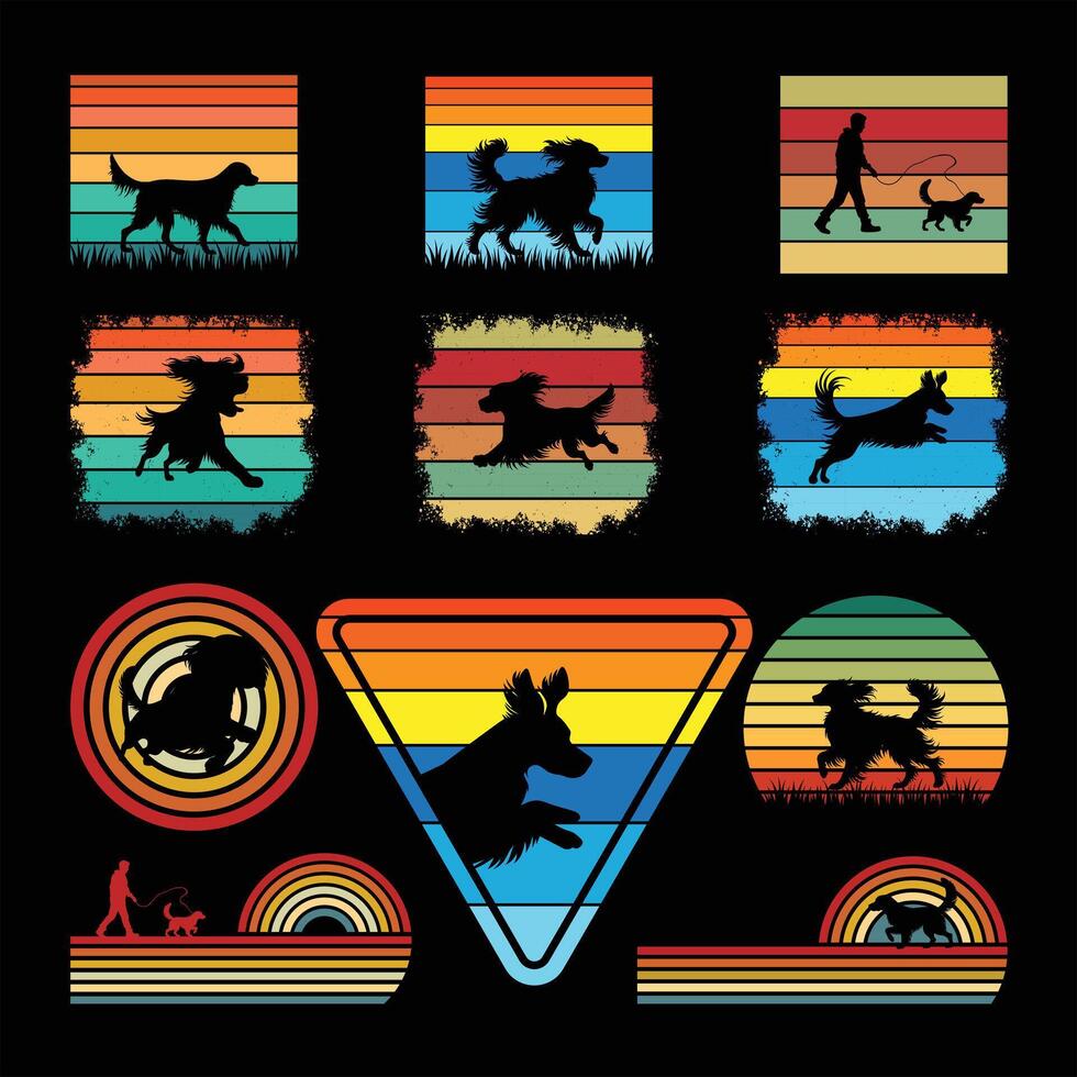 Retro Sunset Illustration Featuring Brittany Spaniel Dog Silhouette Bundle vector