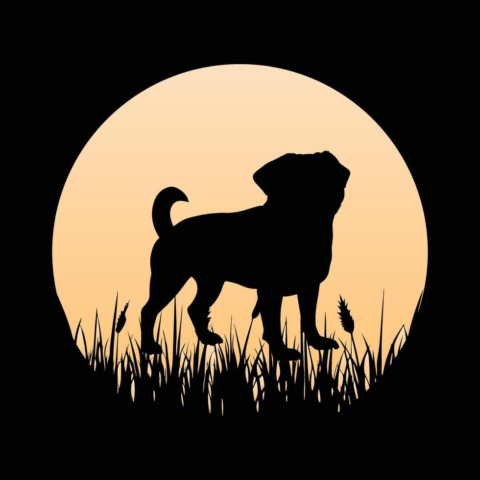 Dog Sunset Retro Background with Pug Art vector
