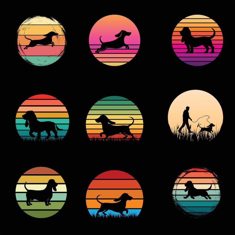 Basset Hound Silhouette with Sunset Retro Illustration Bundle vector