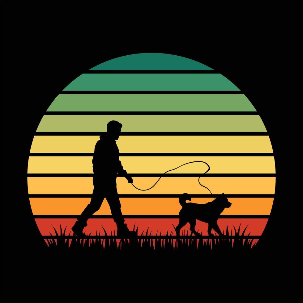 Akita Dog with Sunset Retro Style Illustration vector