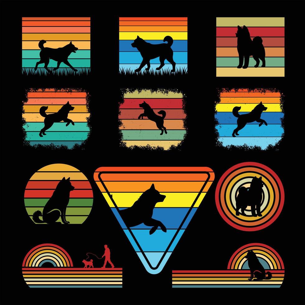 Akita Dog in Retro Vintage Sunset Design Bundle vector