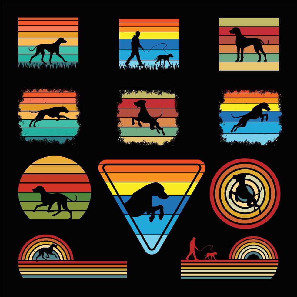 Retro Sunset Design with Rhodesian Ridgeback Dog Silhouette Illustration Bundle vector