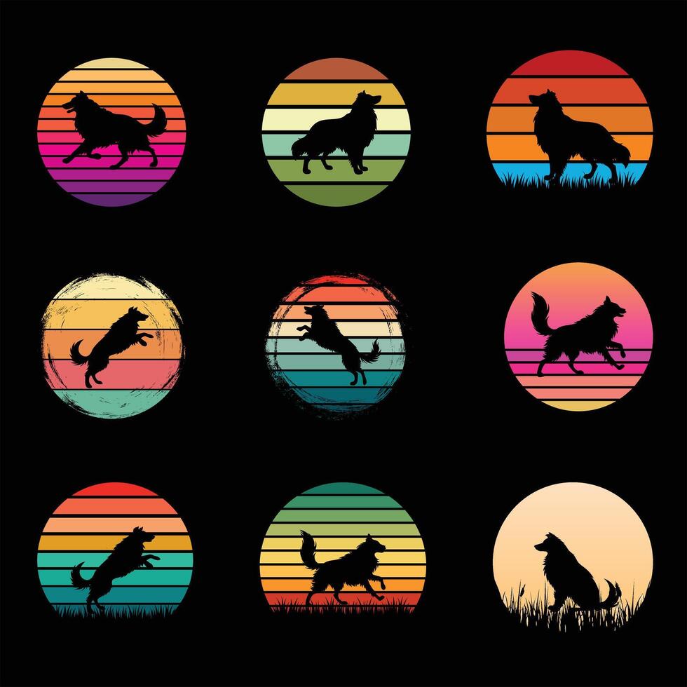 Shetland Sheepdog Silhouette in Retro Sunset Design Bundle vector