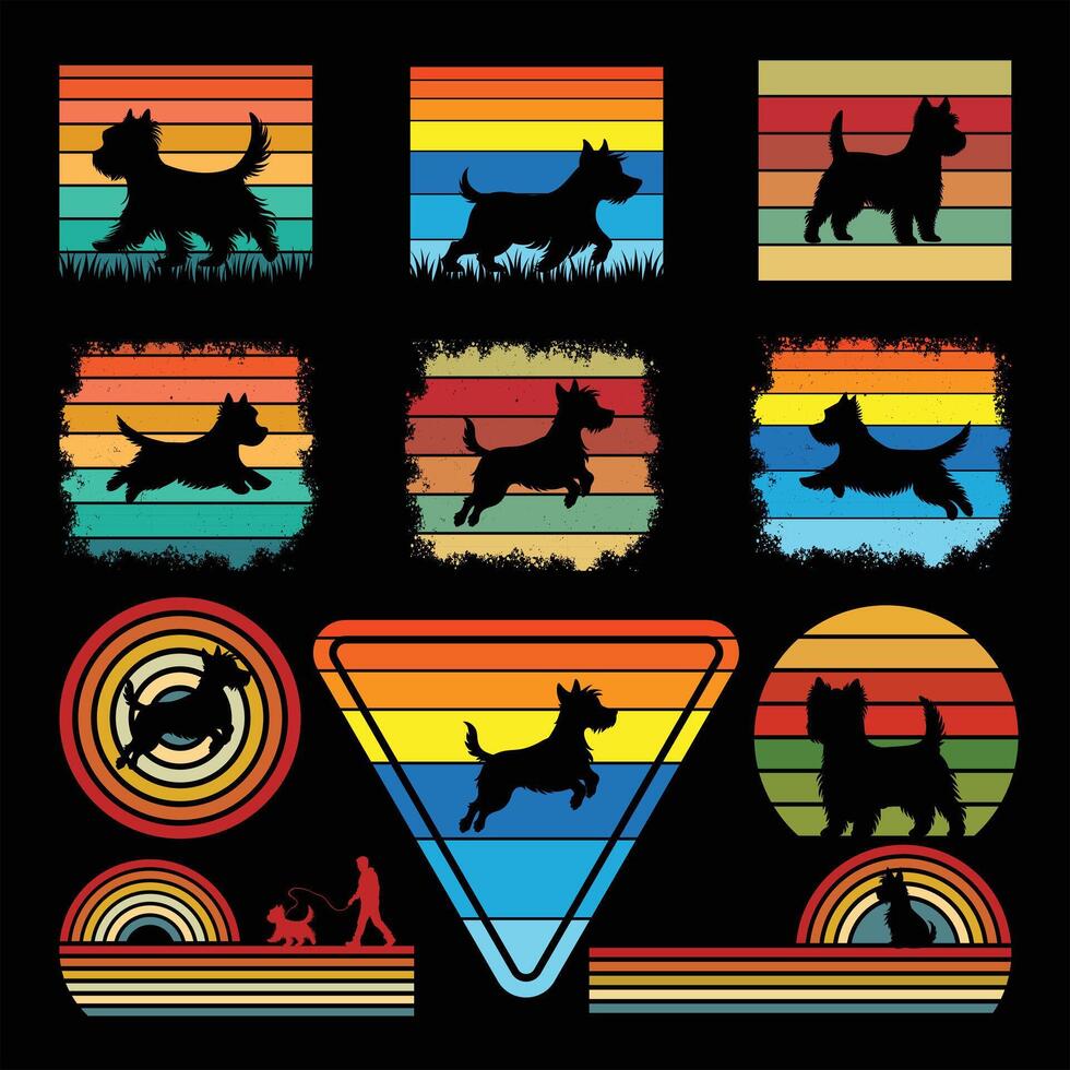 Retro Sunset with West Highland White Terrier Dog Illustration Bundle vector