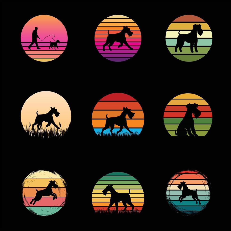 Sunset Retro Airedale Terrier Silhouette Illustration Bundle vector