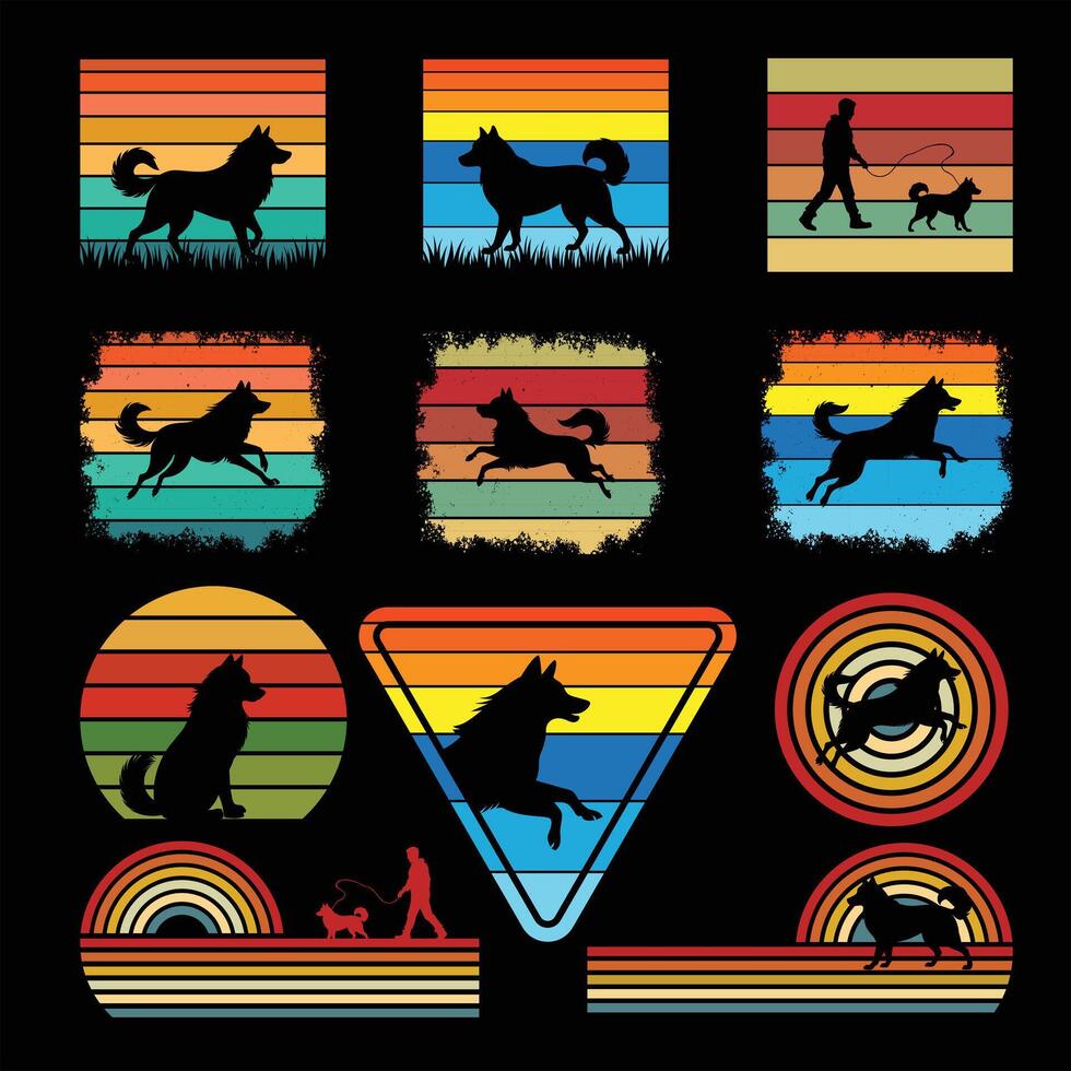 Retro Sunset Alaskan Malamute Dog Silhouette Illustration Bundle vector