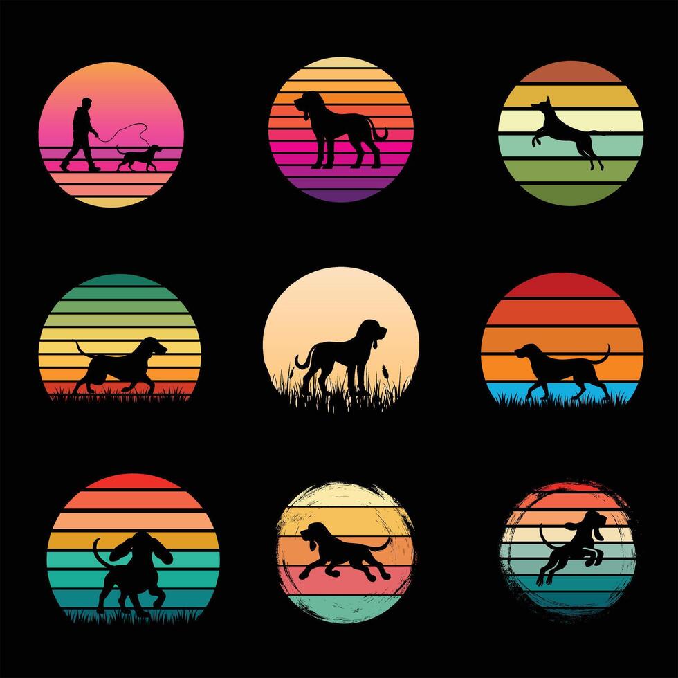 Bloodhound Dog in Retro Sunset Silhouette Illustration Bundle vector