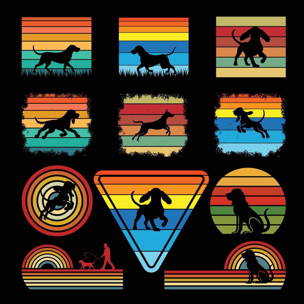 Retro Sunset Design with Bloodhound Dog Silhouette Bundle vector