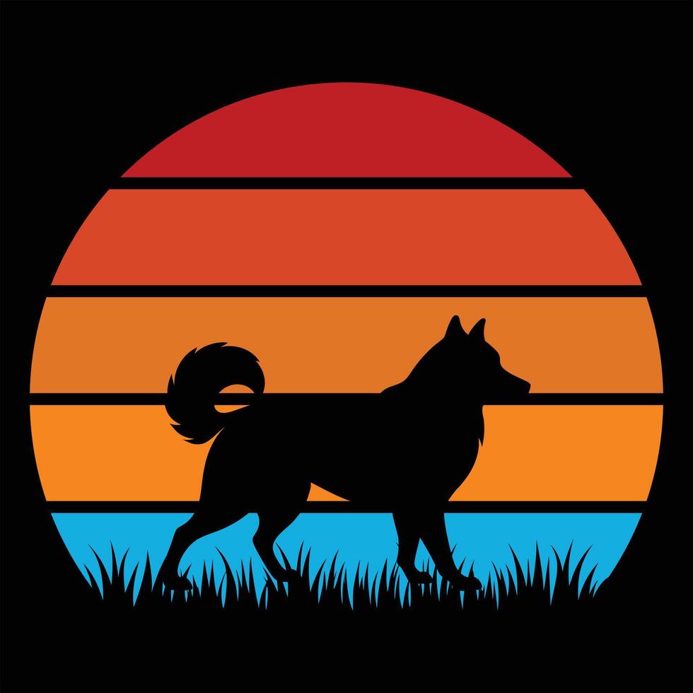 Retro Alaskan Malamute Silhouette in a Sunset Setting vector