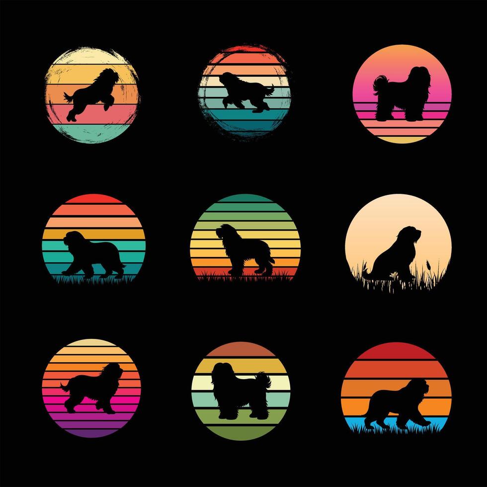 Retro Sunset Scene with Old English Sheepdog Silhouette Bundle vector