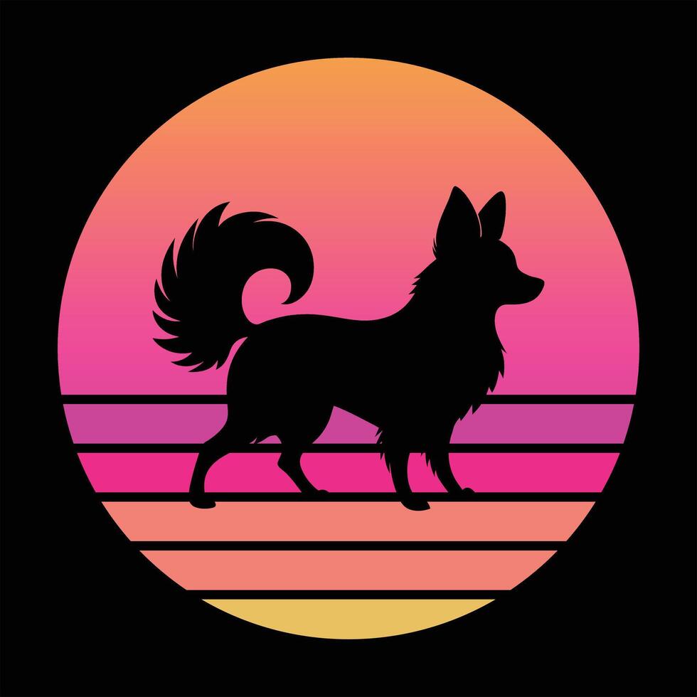 Papillon Dog Silhouette with a Retro Sunset Glow vector