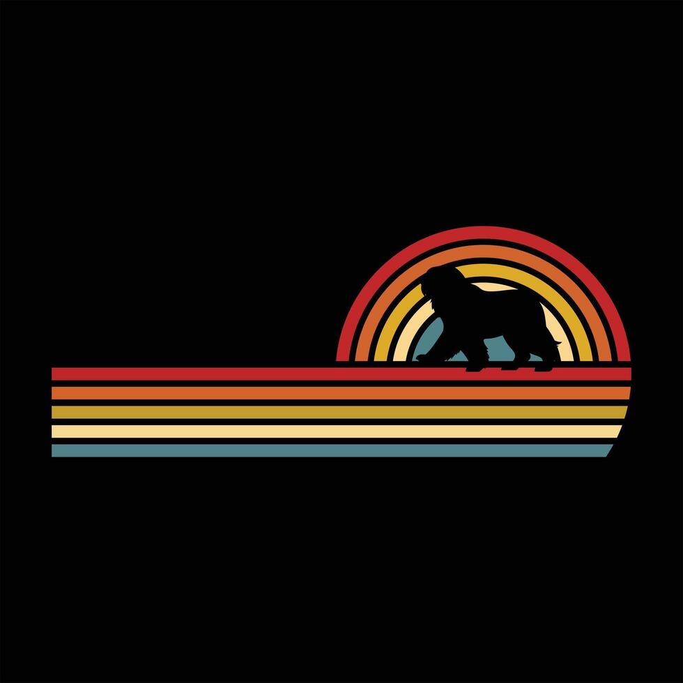 Old English Sheepdog Silhouette with Sunset Retro Illustration vector