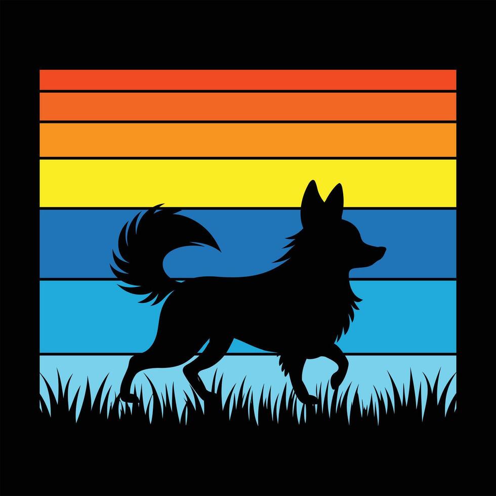 Retro Style Papillon Dog Silhouette and Sunset Background vector