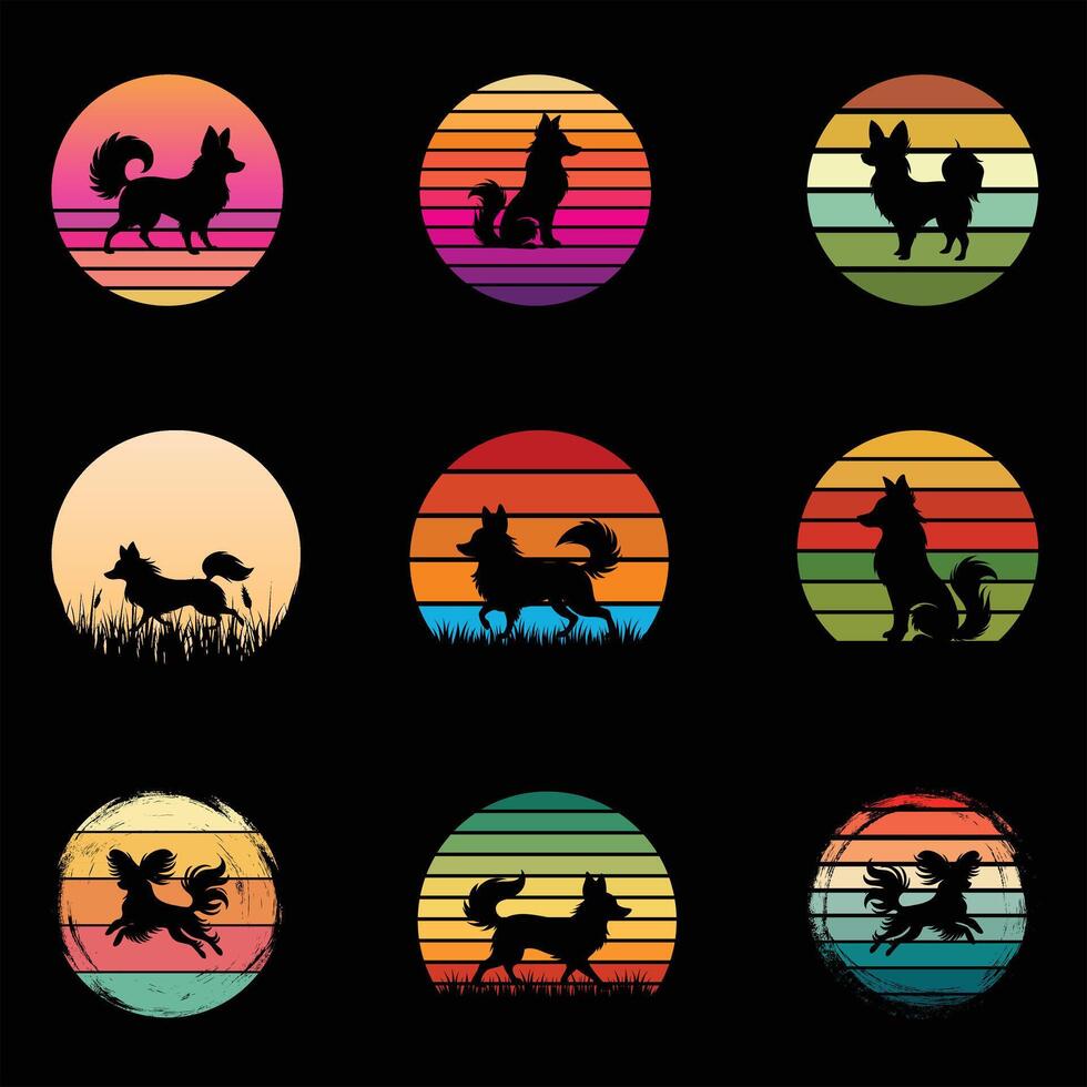 Retro Papillon Dog Silhouette and Sunset Design Bundle vector