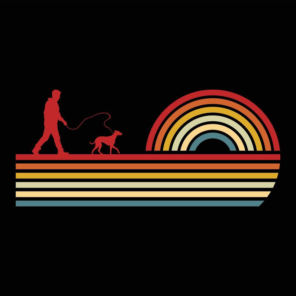 Retro Whippet Dog Silhouette with Sunset and Vintage Background vector