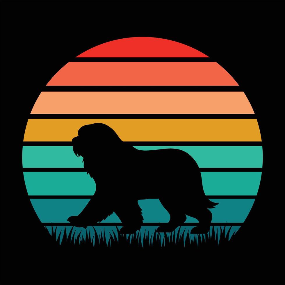 Old English Sheepdog Silhouette in Retro Sunset Style vector