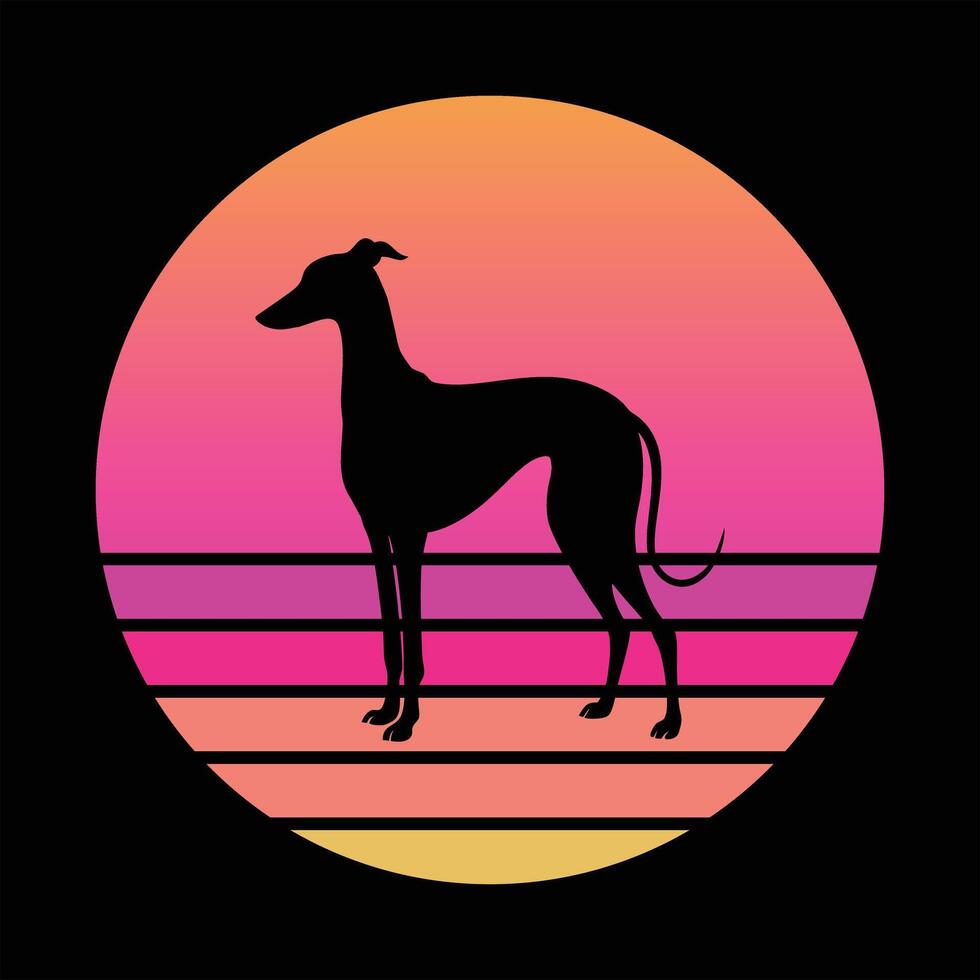 Whippet Dog Silhouette Against Sunset Retro Background Artwork vector