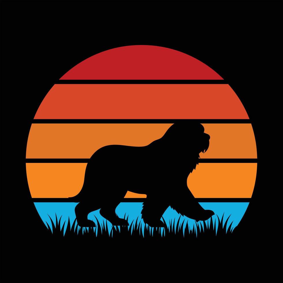 Old English Sheepdog Silhouette on a Retro Sunset Horizon vector