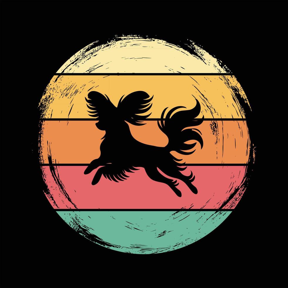 Retro Papillon Dog Silhouette with Colorful Sunset Backdrop vector
