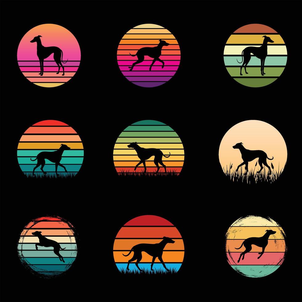 Retro Sunset with Whippet Dog Silhouette Vintage Illustration Bundle vector