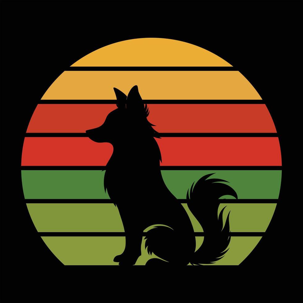 Papillon Dog Silhouette in a Retro Sunset Setting vector