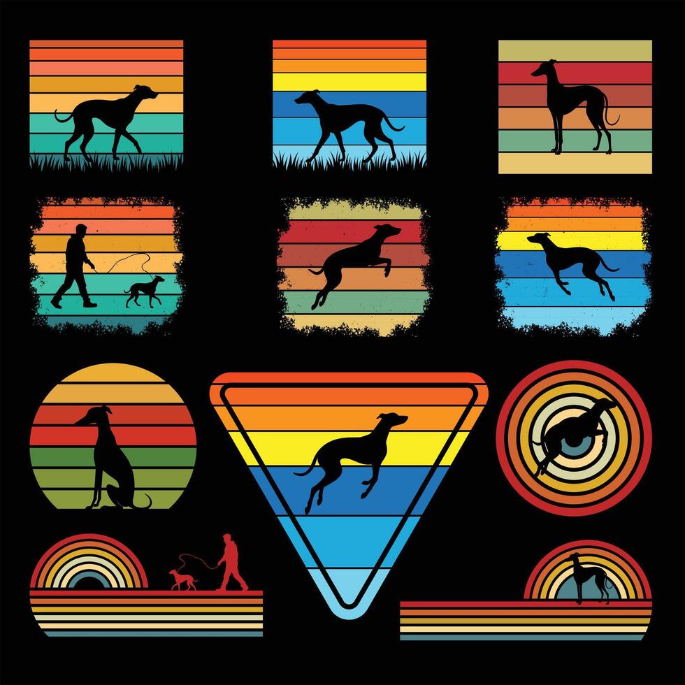 Whippet Dog Silhouette in Retro Sunset Background Illustration Bundle vector